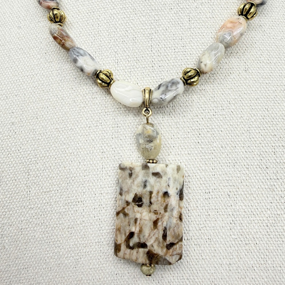 Stone Bead Necklace Rectangle Pendant Antique Gold Tone Earthy Boho